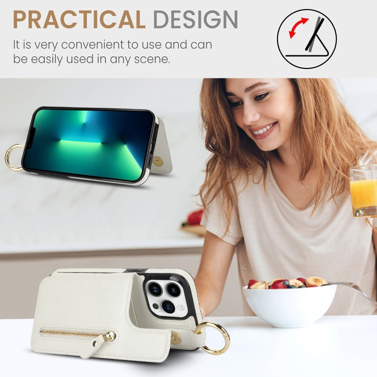 For iPhone 13 Pro Max Litchi Texture Zipper Double Buckle Card Bag Phone Case(White) - iPhone 13 Pro Max Cases by buy2fix | Online Shopping UK | buy2fix