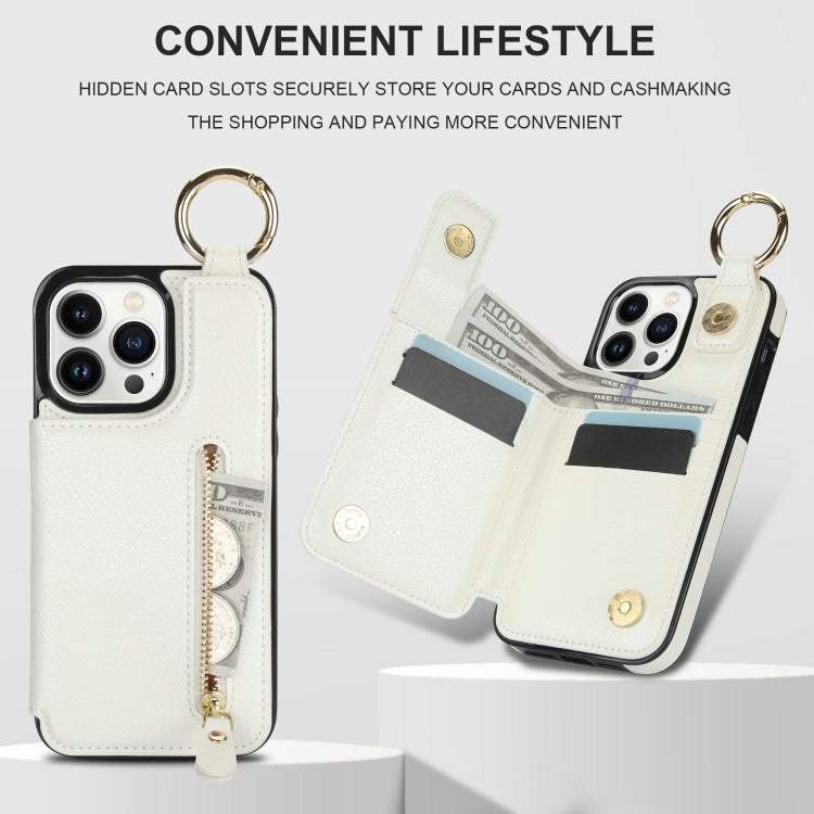 For iPhone 13 Pro Max Litchi Texture Zipper Double Buckle Card Bag Phone Case(White) - iPhone 13 Pro Max Cases by buy2fix | Online Shopping UK | buy2fix