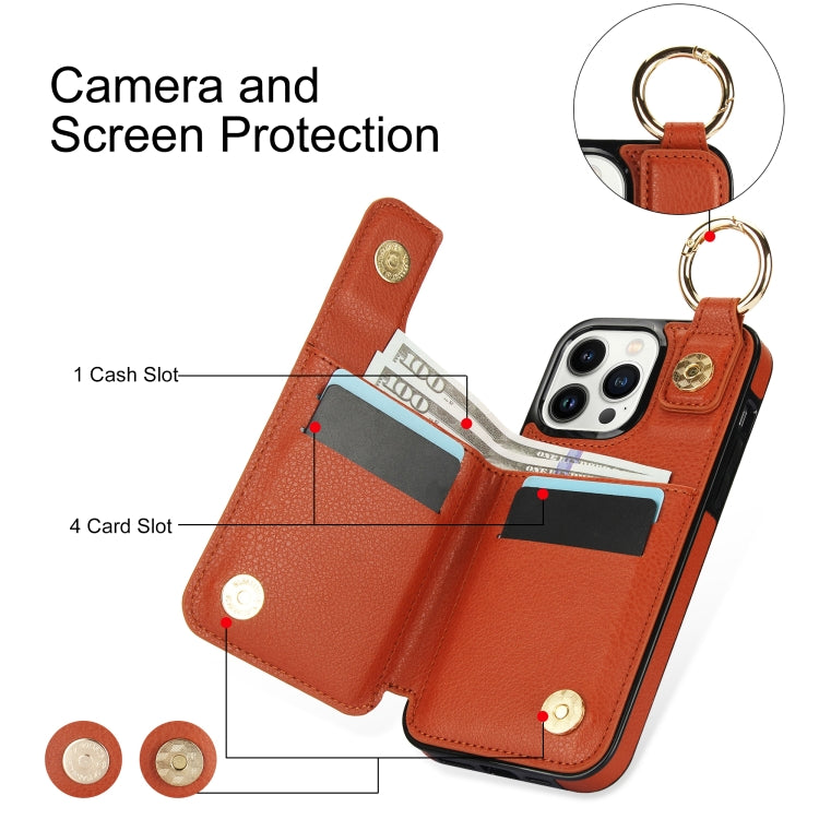 For iPhone 13 Pro Litchi Texture Zipper Double Buckle Card Bag Phone Case(Brown) - iPhone 13 Pro Cases by buy2fix | Online Shopping UK | buy2fix