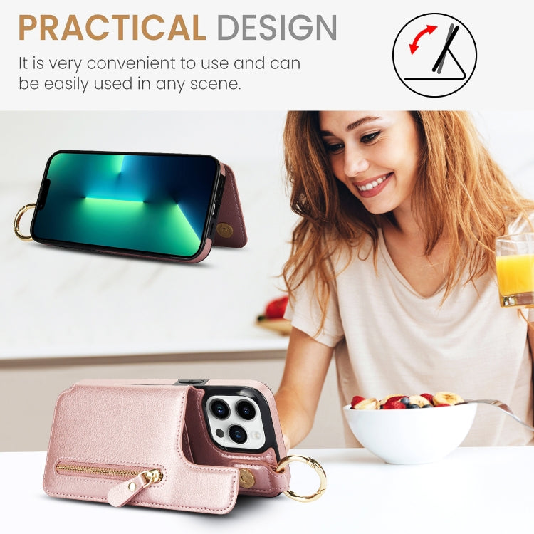For iPhone 13 Pro Litchi Texture Zipper Double Buckle Card Bag Phone Case(Rose Gold) - iPhone 13 Pro Cases by buy2fix | Online Shopping UK | buy2fix