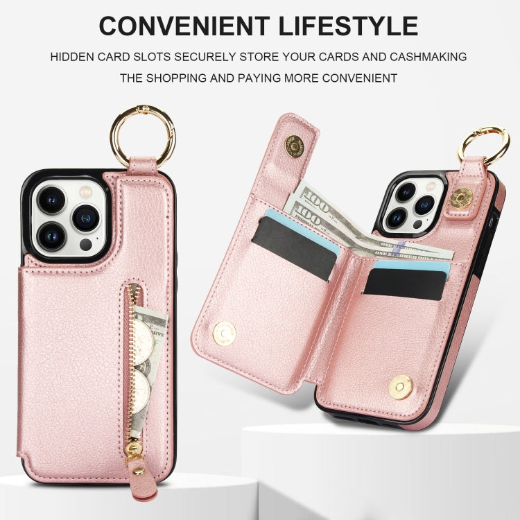 For iPhone 13 Pro Litchi Texture Zipper Double Buckle Card Bag Phone Case(Rose Gold) - iPhone 13 Pro Cases by buy2fix | Online Shopping UK | buy2fix