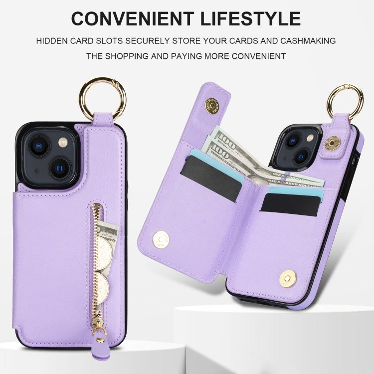 For iPhone 13 Litchi Texture Zipper Double Buckle Card Bag Phone Case(Purple) - iPhone 13 Cases by buy2fix | Online Shopping UK | buy2fix