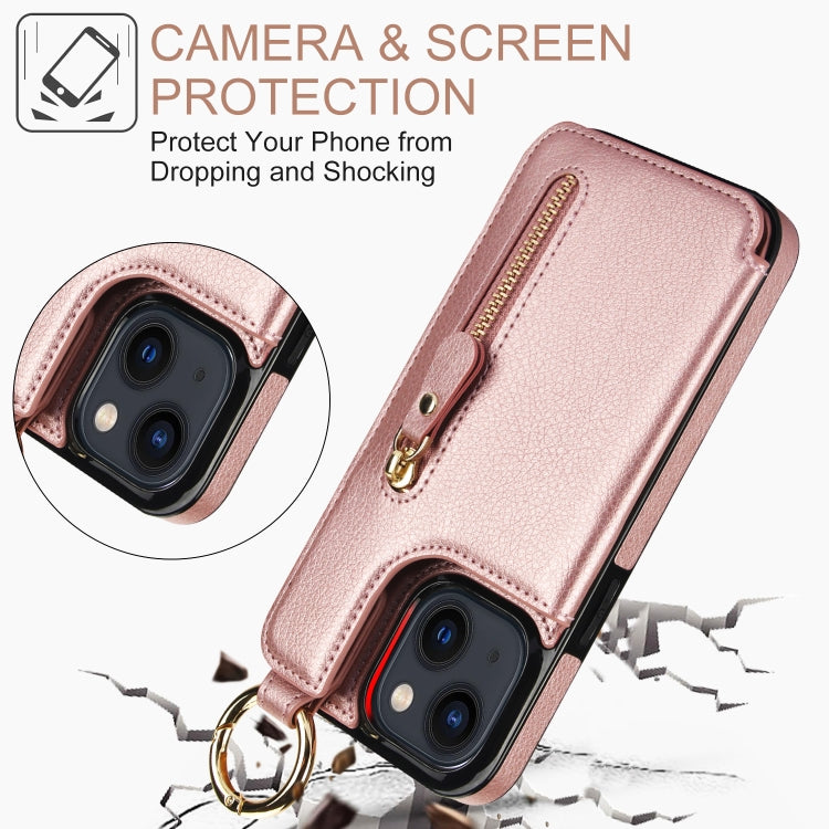 For iPhone 13 Litchi Texture Zipper Double Buckle Card Bag Phone Case(Rose Gold) - iPhone 13 Cases by buy2fix | Online Shopping UK | buy2fix