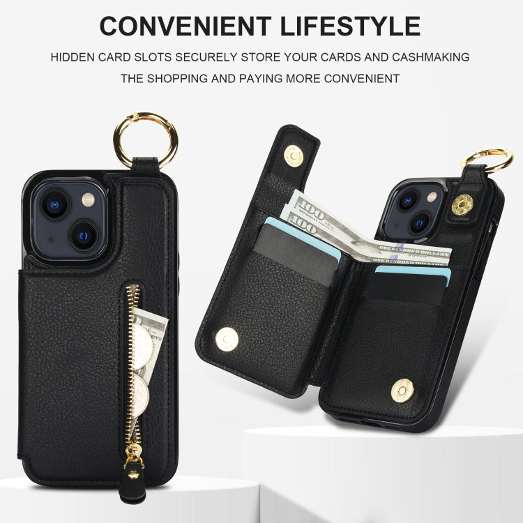 For iPhone 13 Litchi Texture Zipper Double Buckle Card Bag Phone Case(Black) - iPhone 13 Cases by buy2fix | Online Shopping UK | buy2fix