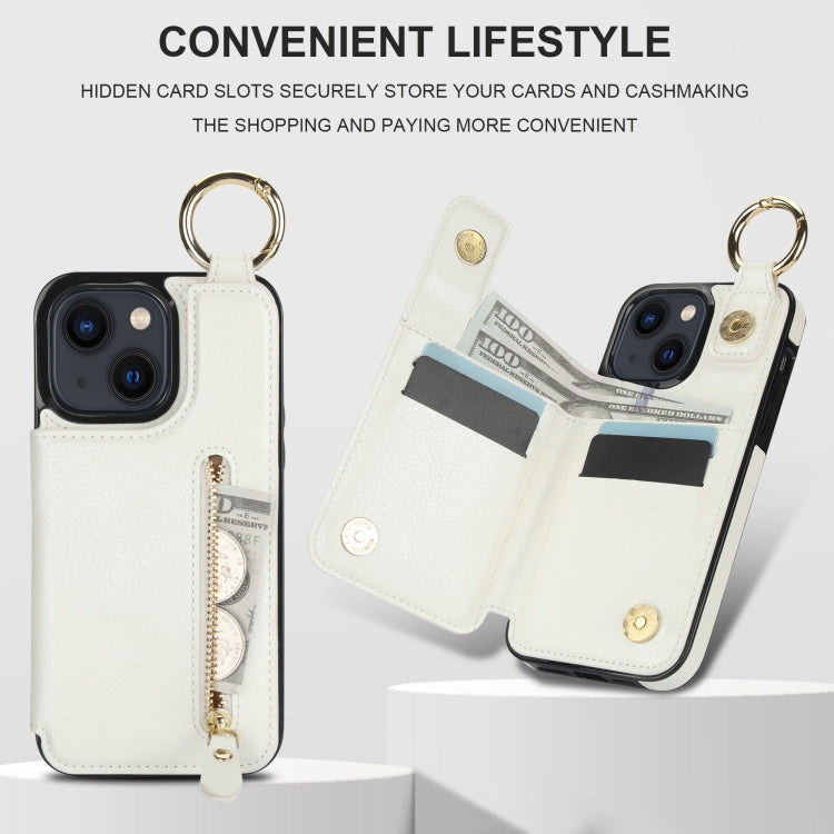 For iPhone 13 Litchi Texture Zipper Double Buckle Card Bag Phone Case(White) - iPhone 13 Cases by buy2fix | Online Shopping UK | buy2fix