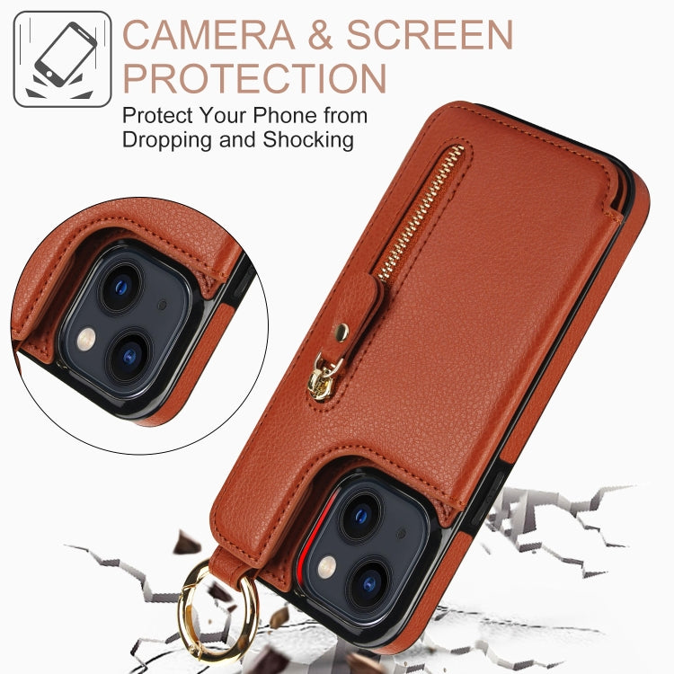 For iPhone 13 mini Litchi Texture Zipper Double Buckle Card Bag Phone Case(Brown) - iPhone 13 mini Cases by buy2fix | Online Shopping UK | buy2fix
