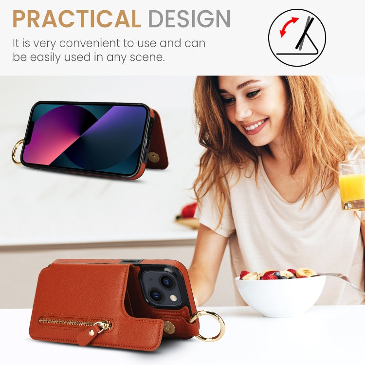 For iPhone 13 mini Litchi Texture Zipper Double Buckle Card Bag Phone Case(Brown) - iPhone 13 mini Cases by buy2fix | Online Shopping UK | buy2fix