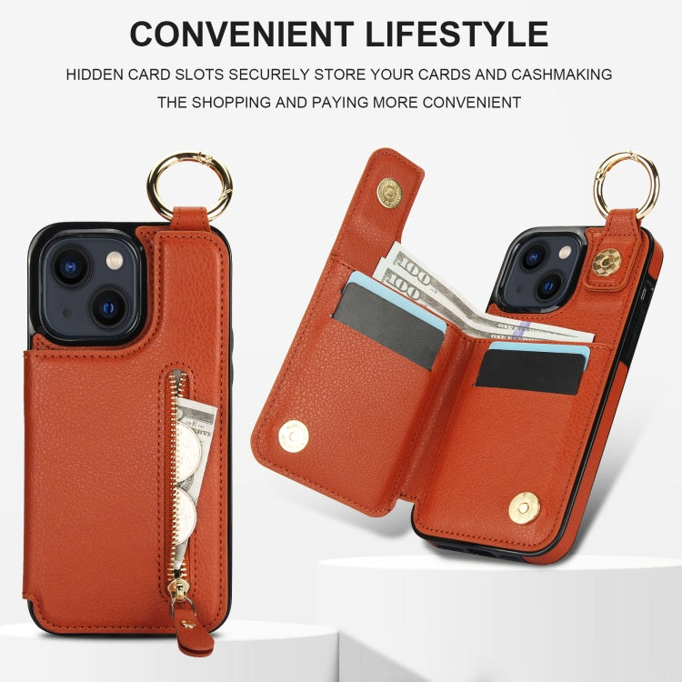 For iPhone 13 mini Litchi Texture Zipper Double Buckle Card Bag Phone Case(Brown) - iPhone 13 mini Cases by buy2fix | Online Shopping UK | buy2fix