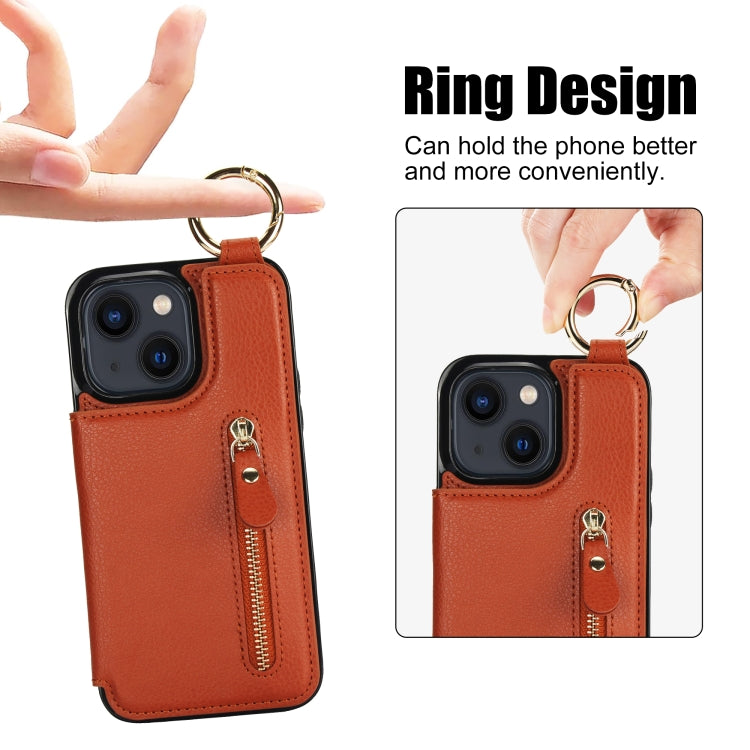 For iPhone 13 mini Litchi Texture Zipper Double Buckle Card Bag Phone Case(Brown) - iPhone 13 mini Cases by buy2fix | Online Shopping UK | buy2fix