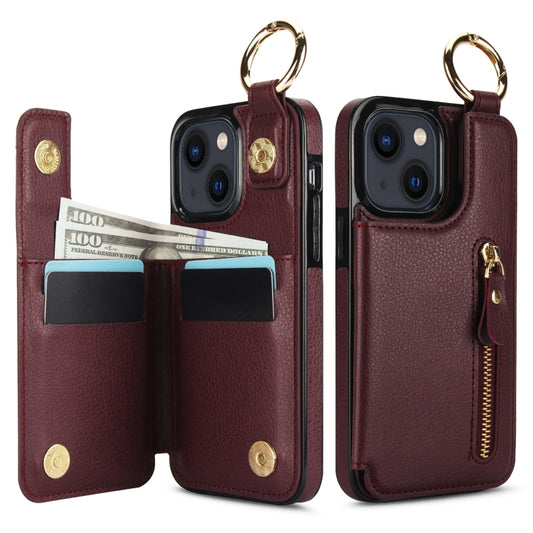For iPhone 13 mini Litchi Texture Zipper Double Buckle Card Bag Phone Case(Maroon Red) - iPhone 13 mini Cases by buy2fix | Online Shopping UK | buy2fix