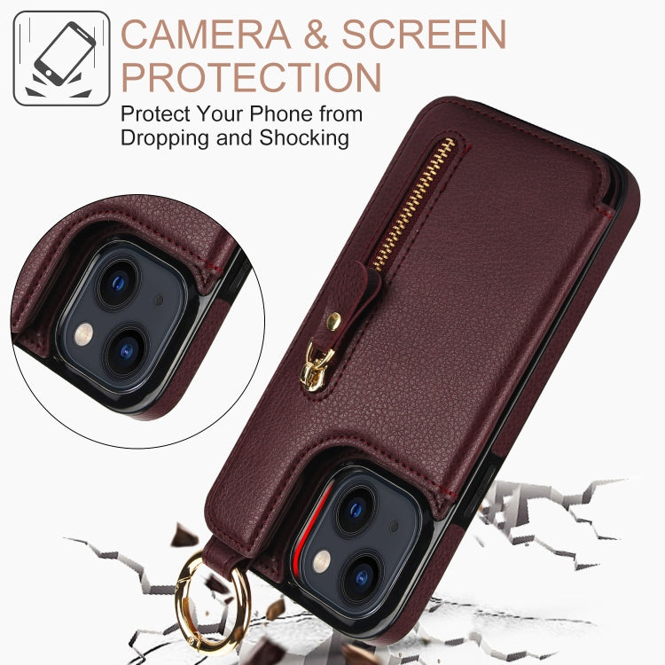 For iPhone 13 mini Litchi Texture Zipper Double Buckle Card Bag Phone Case(Maroon Red) - iPhone 13 mini Cases by buy2fix | Online Shopping UK | buy2fix