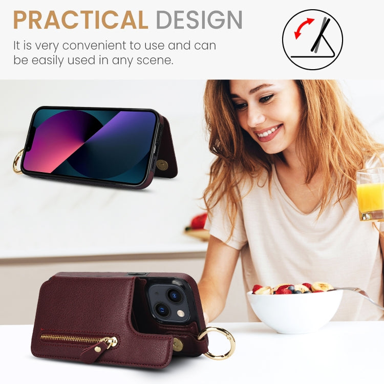 For iPhone 13 mini Litchi Texture Zipper Double Buckle Card Bag Phone Case(Maroon Red) - iPhone 13 mini Cases by buy2fix | Online Shopping UK | buy2fix