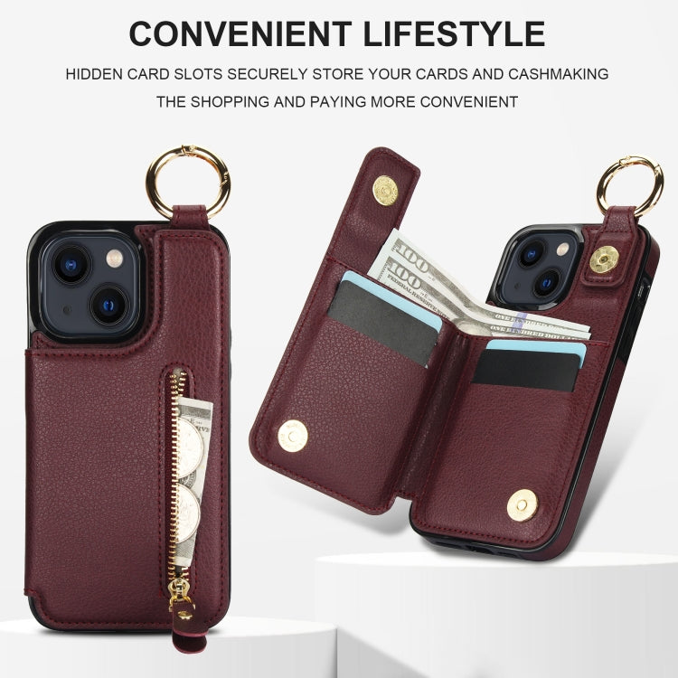 For iPhone 13 mini Litchi Texture Zipper Double Buckle Card Bag Phone Case(Maroon Red) - iPhone 13 mini Cases by buy2fix | Online Shopping UK | buy2fix