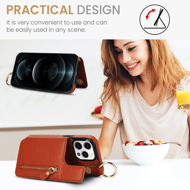 For iPhone 12 Pro Litchi Texture Zipper Double Buckle Card Bag Phone Case(Brown) - iPhone 12 / 12 Pro Cases by buy2fix | Online Shopping UK | buy2fix