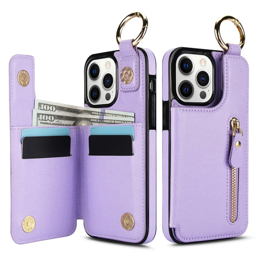 For iPhone 12 Pro Litchi Texture Zipper Double Buckle Card Bag Phone Case(Purple) - iPhone 12 / 12 Pro Cases by buy2fix | Online Shopping UK | buy2fix
