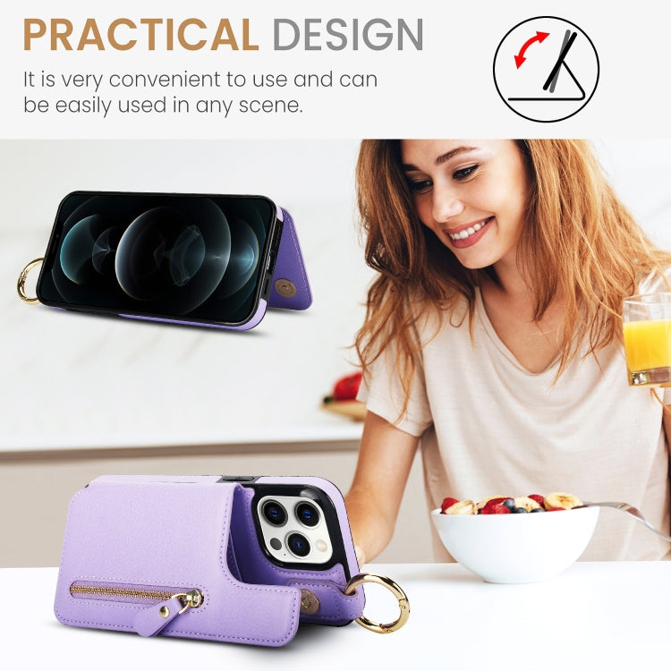 For iPhone 12 Pro Litchi Texture Zipper Double Buckle Card Bag Phone Case(Purple) - iPhone 12 / 12 Pro Cases by buy2fix | Online Shopping UK | buy2fix