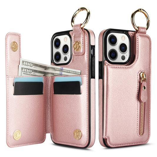 For iPhone 12 Pro Litchi Texture Zipper Double Buckle Card Bag Phone Case(Rose Gold) - iPhone 12 / 12 Pro Cases by buy2fix | Online Shopping UK | buy2fix