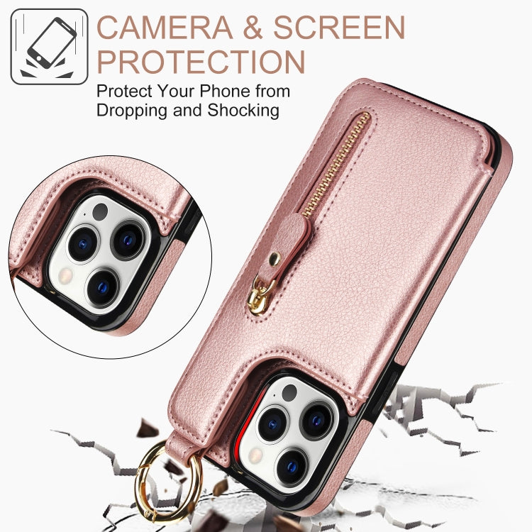 For iPhone 12 Pro Litchi Texture Zipper Double Buckle Card Bag Phone Case(Rose Gold) - iPhone 12 / 12 Pro Cases by buy2fix | Online Shopping UK | buy2fix