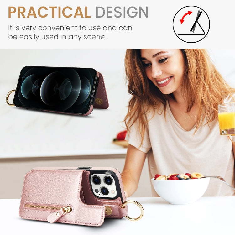For iPhone 12 Pro Litchi Texture Zipper Double Buckle Card Bag Phone Case(Rose Gold) - iPhone 12 / 12 Pro Cases by buy2fix | Online Shopping UK | buy2fix