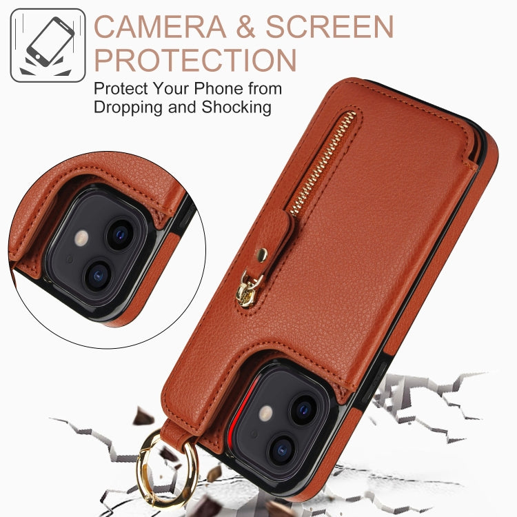 For iPhone 12 mini Litchi Texture Zipper Double Buckle Card Bag Phone Case(Brown) - iPhone 12 mini Cases by buy2fix | Online Shopping UK | buy2fix