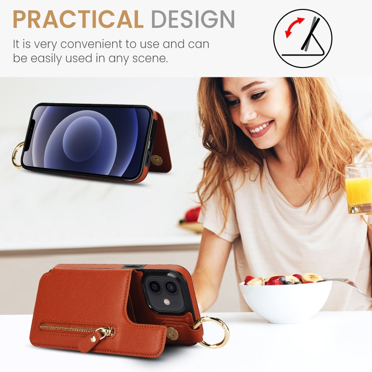 For iPhone 12 mini Litchi Texture Zipper Double Buckle Card Bag Phone Case(Brown) - iPhone 12 mini Cases by buy2fix | Online Shopping UK | buy2fix