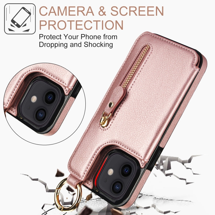 For iPhone 12 mini Litchi Texture Zipper Double Buckle Card Bag Phone Case(Rose Gold) - iPhone 12 mini Cases by buy2fix | Online Shopping UK | buy2fix