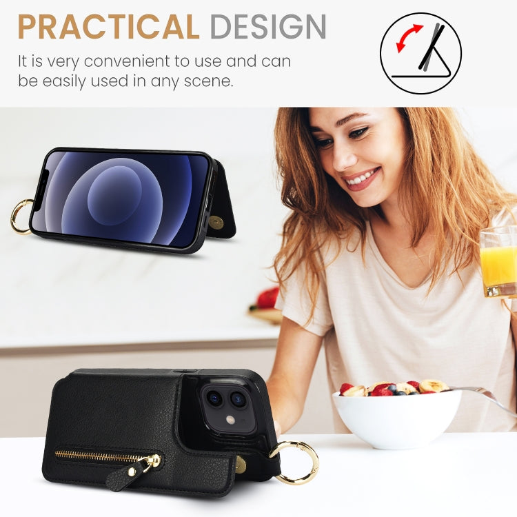 For iPhone 12 mini Litchi Texture Zipper Double Buckle Card Bag Phone Case(Black) - iPhone 12 mini Cases by buy2fix | Online Shopping UK | buy2fix