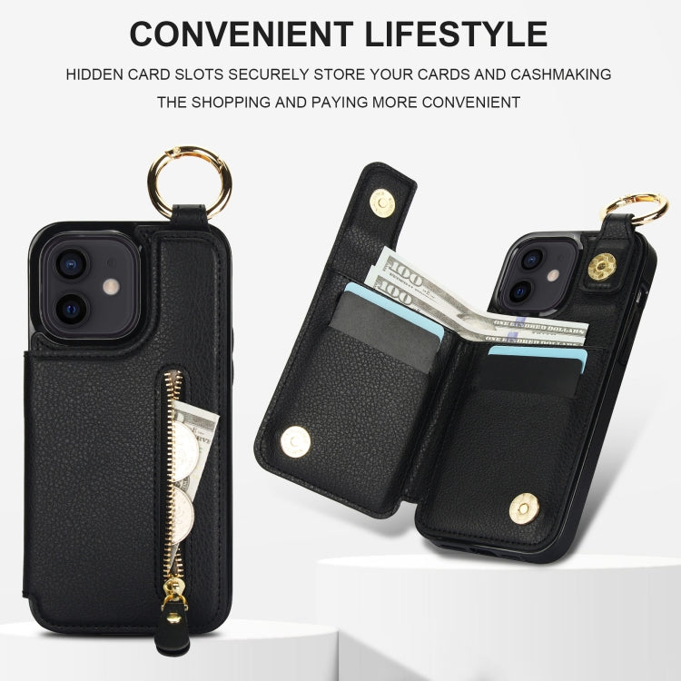For iPhone 12 mini Litchi Texture Zipper Double Buckle Card Bag Phone Case(Black) - iPhone 12 mini Cases by buy2fix | Online Shopping UK | buy2fix