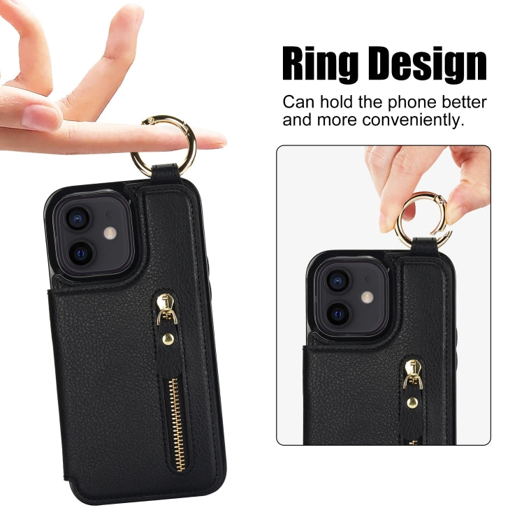 For iPhone 12 mini Litchi Texture Zipper Double Buckle Card Bag Phone Case(Black) - iPhone 12 mini Cases by buy2fix | Online Shopping UK | buy2fix