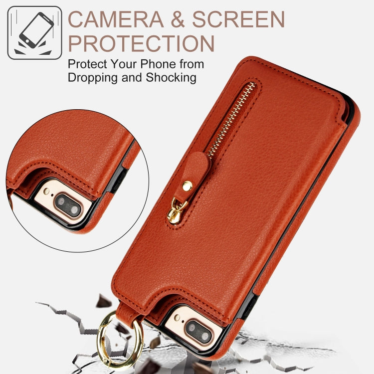 For iPhone 8 Plus / 7 Plus Litchi Texture Zipper Double Buckle Card Bag Phone Case(Brown) - More iPhone Cases by buy2fix | Online Shopping UK | buy2fix