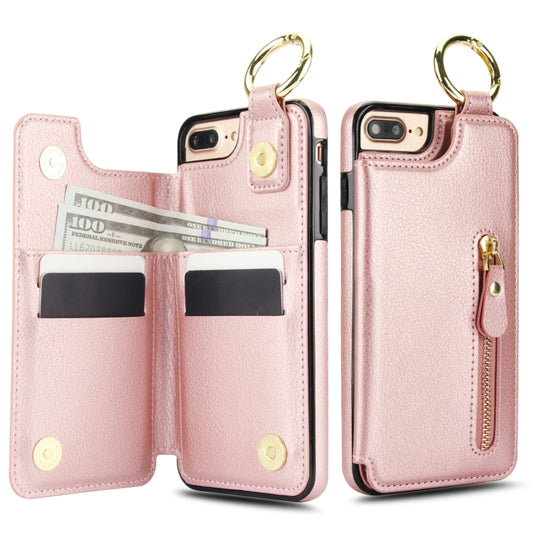 For iPhone 8 Plus / 7 Plus Litchi Texture Zipper Double Buckle Card Bag Phone Case(Rose Gold) - More iPhone Cases by buy2fix | Online Shopping UK | buy2fix
