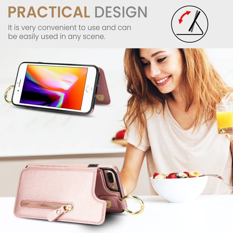For iPhone 8 Plus / 7 Plus Litchi Texture Zipper Double Buckle Card Bag Phone Case(Rose Gold) - More iPhone Cases by buy2fix | Online Shopping UK | buy2fix