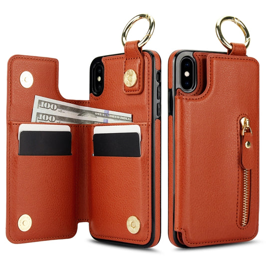 For iPhone XS / X Litchi Texture Zipper Double Buckle Card Bag Phone Case(Brown) - More iPhone Cases by buy2fix | Online Shopping UK | buy2fix