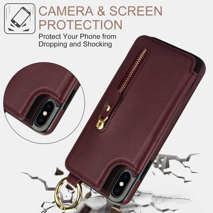 For iPhone XS / X Litchi Texture Zipper Double Buckle Card Bag Phone Case(Maroon Red) - More iPhone Cases by buy2fix | Online Shopping UK | buy2fix