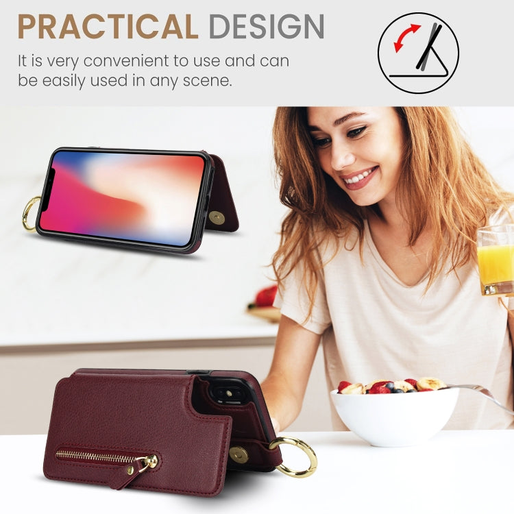 For iPhone XS / X Litchi Texture Zipper Double Buckle Card Bag Phone Case(Maroon Red) - More iPhone Cases by buy2fix | Online Shopping UK | buy2fix