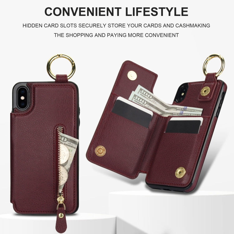 For iPhone XS / X Litchi Texture Zipper Double Buckle Card Bag Phone Case(Maroon Red) - More iPhone Cases by buy2fix | Online Shopping UK | buy2fix