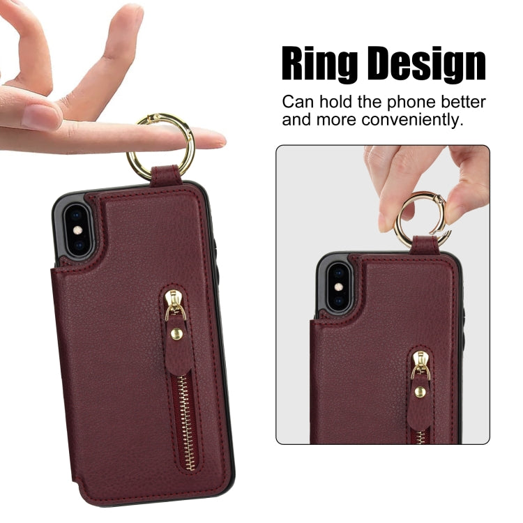 For iPhone XS / X Litchi Texture Zipper Double Buckle Card Bag Phone Case(Maroon Red) - More iPhone Cases by buy2fix | Online Shopping UK | buy2fix