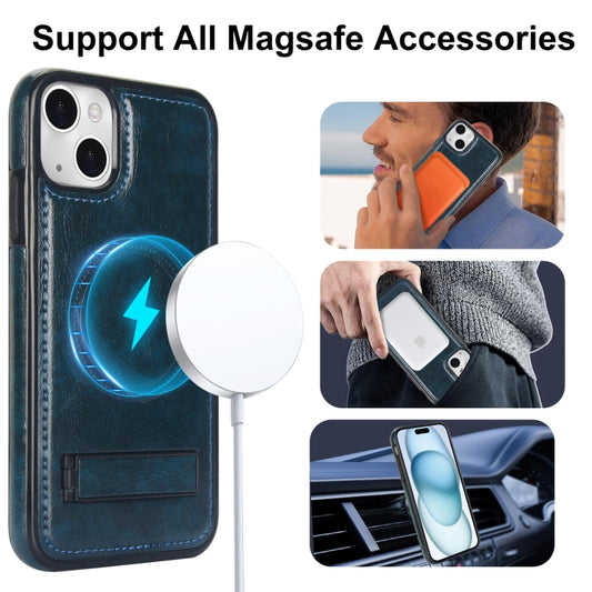 For iPhone 15 Retro Leather Invisible Stand MagSafe Phone Case(Blue) by buy2fix