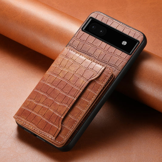 For Google Pixel 6a Crocodile Texture Card Bag Design Full Coverage Phone Case(Brown) by buy2fix
