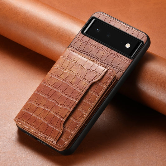 For Google Pixel 6 Crocodile Texture Card Bag Design Full Coverage Phone Case(Brown) by buy2fix
