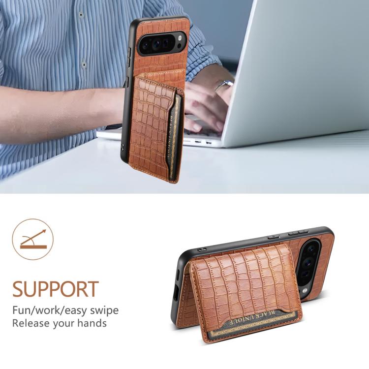 For Google Pixel 10 Pro / 10 Crocodile Texture Card Bag Design Full Coverage Phone Case(Brown) - Google Cases by buy2fix | Online Shopping UK | buy2fix