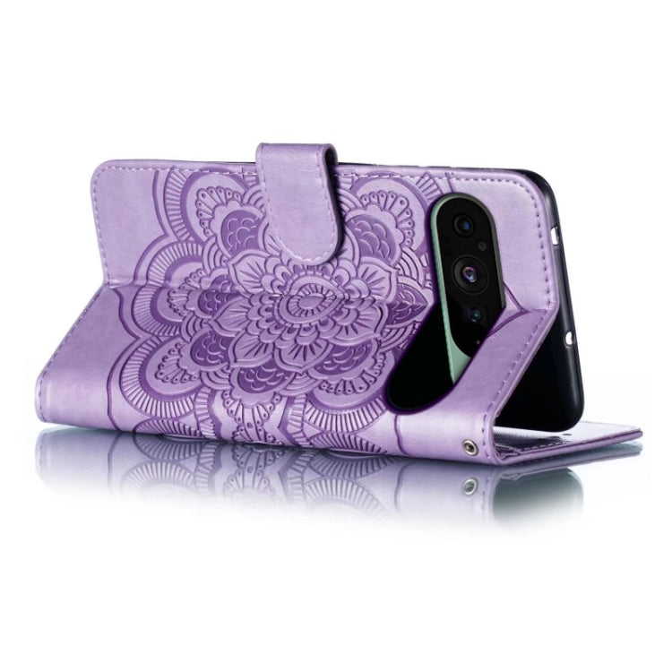 For Google Pixel 9 Sun Mandala Embossing Pattern Phone Leather Case(Purple) by buy2fix