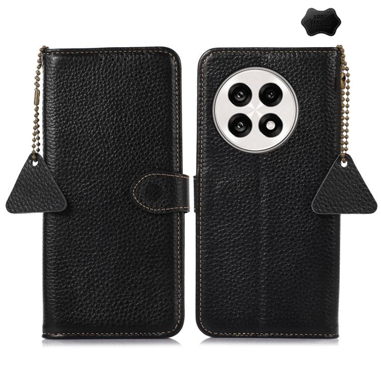 For OnePlus Ace 5 / 13R 5G Genuine Leather Litchi Texture RFID Leather Phone Case(Black) - OnePlus Cases by buy2fix | Online Shopping UK | buy2fix