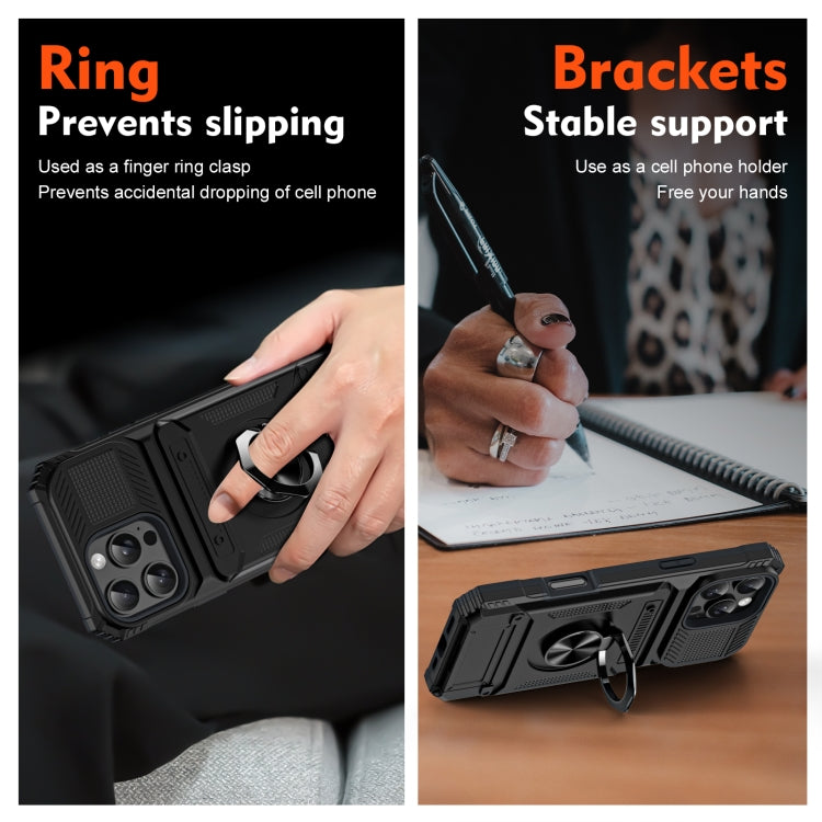 For iPhone 16 Pro TPU+PC Shockproof Card Phone Case with Metal Ring Holder(Black) by buy2fix