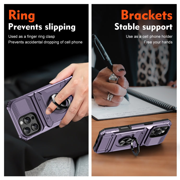 For iPhone 16 Pro Max TPU+PC Shockproof Card Phone Case with Metal Ring Holder(Purple) by buy2fix