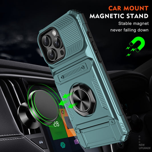 For iPhone 16 Pro Max TPU+PC Shockproof Card Phone Case with Metal Ring Holder(Green) by buy2fix