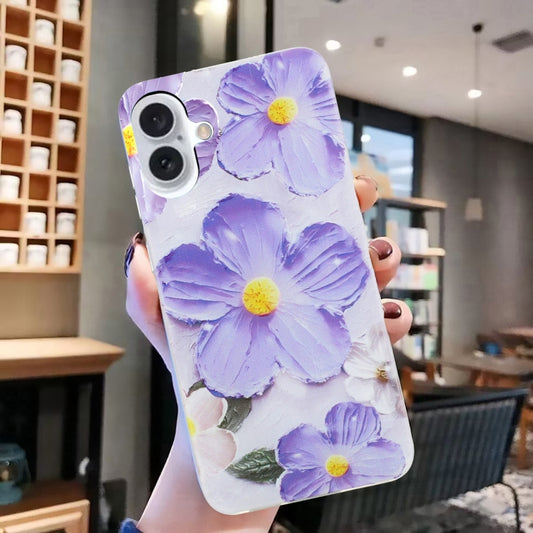For iPhone 16 Plus Colorful Painting Pattern TPU Phone Case(Purple Flowers) by buy2fix