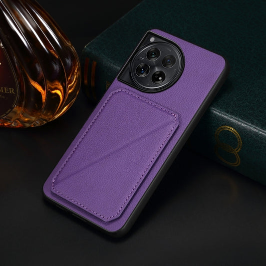 For OnePlus 12 D04 Calf Texture Dual Card Slot Holder Phone Case(Purple) by buy2fix