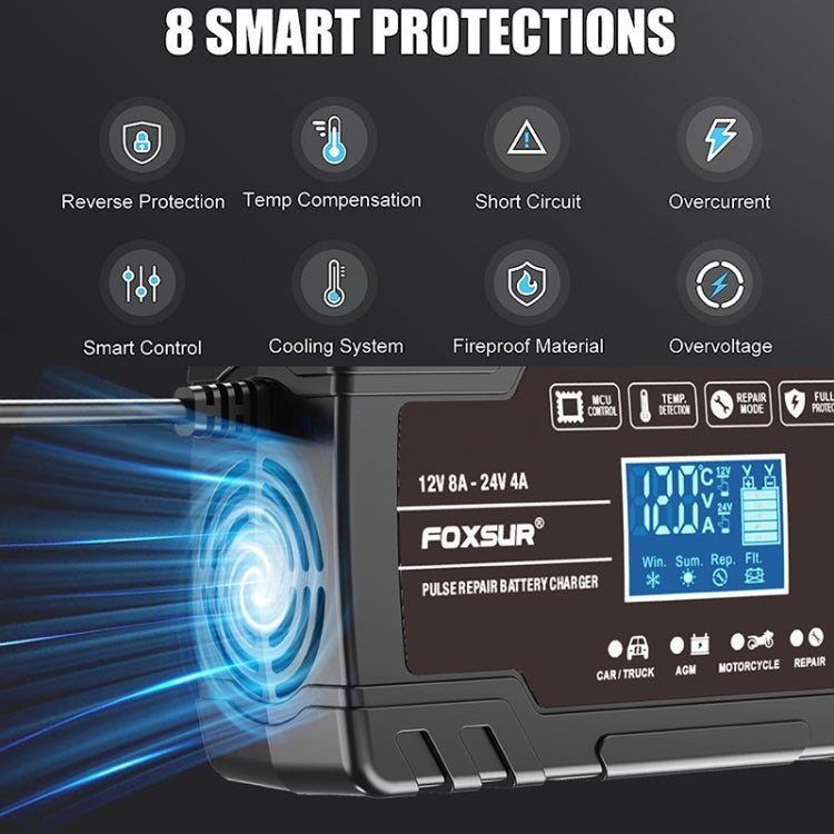 FOXSUR 8A 12V 24V Car / Motorcycle Smart Battery Charger, Plug Type:EU Plug(Black) by FOXSUR
