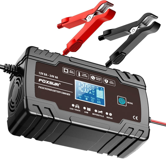 FOXSUR 8A 12V 24V Car / Motorcycle Smart Battery Charger, Plug Type:US Plug(Black) by FOXSUR